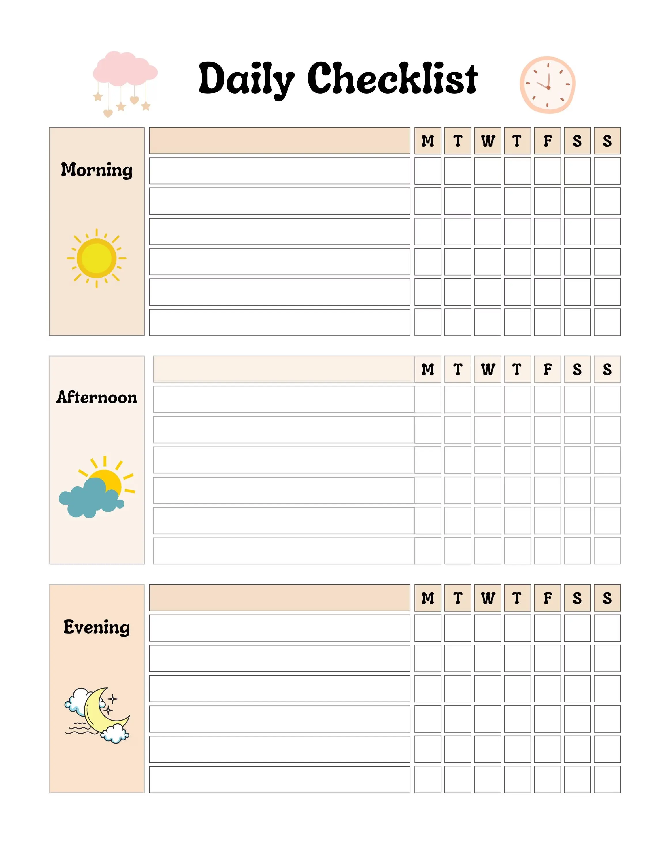 Illustrated checklist showing morning, midday and evening cues